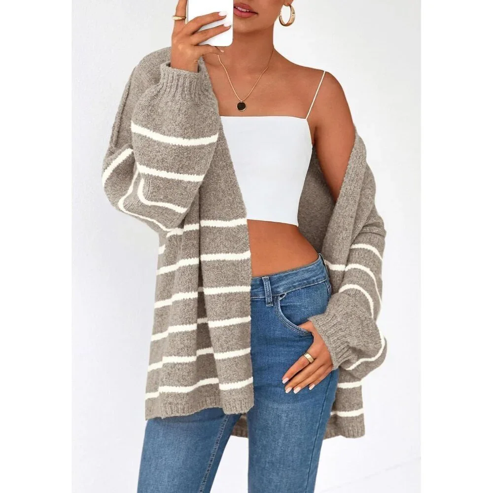 Womens Oversized Knit Cardigan Sweater Long Lantern Sleeve Lightweight